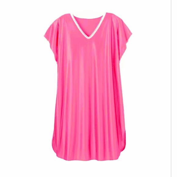 Amerimark Semi-transparent Silky V-neck Short Sleeve Nightie Lightweight Pink XL - Picture 1 of 9